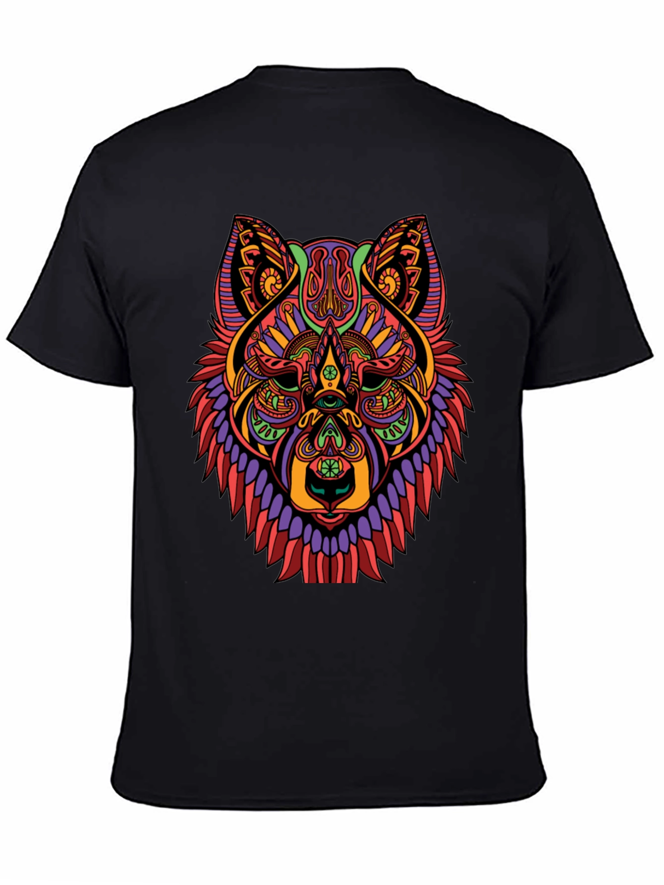Psychedelic Wolf Graphic Print Black T-Shirt