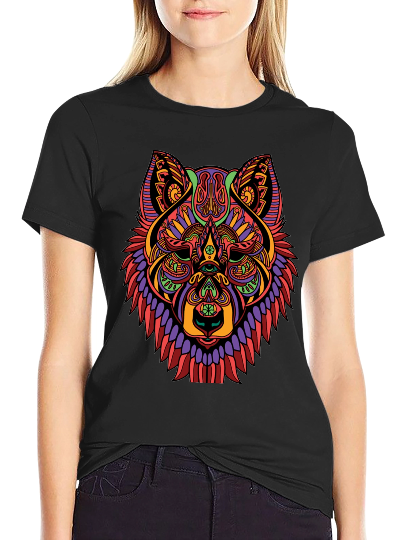 Psychedelic Wolf Graphic Print Black T-Shirt