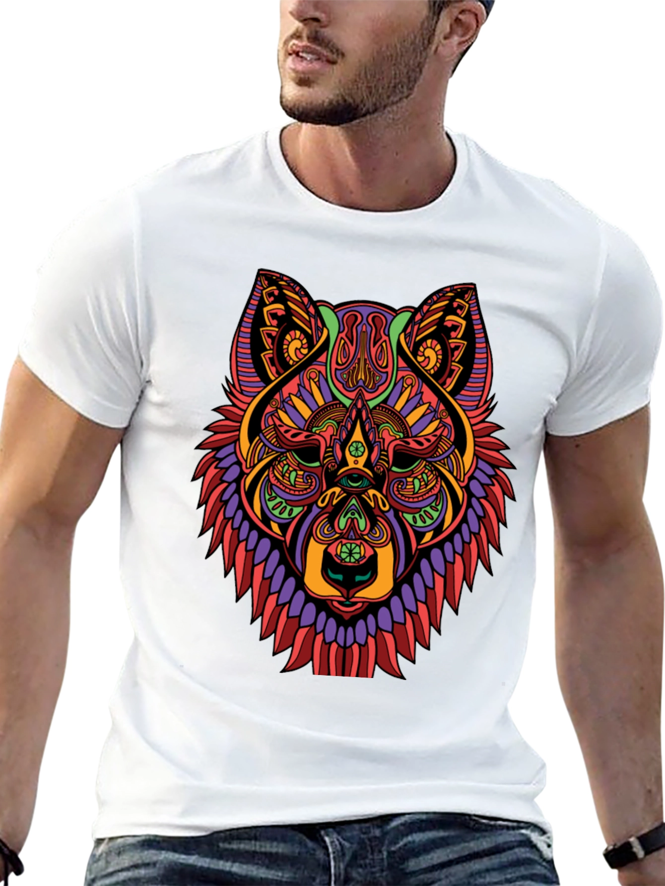 Psychedelic Wolf Graphic Print Black T-Shirt