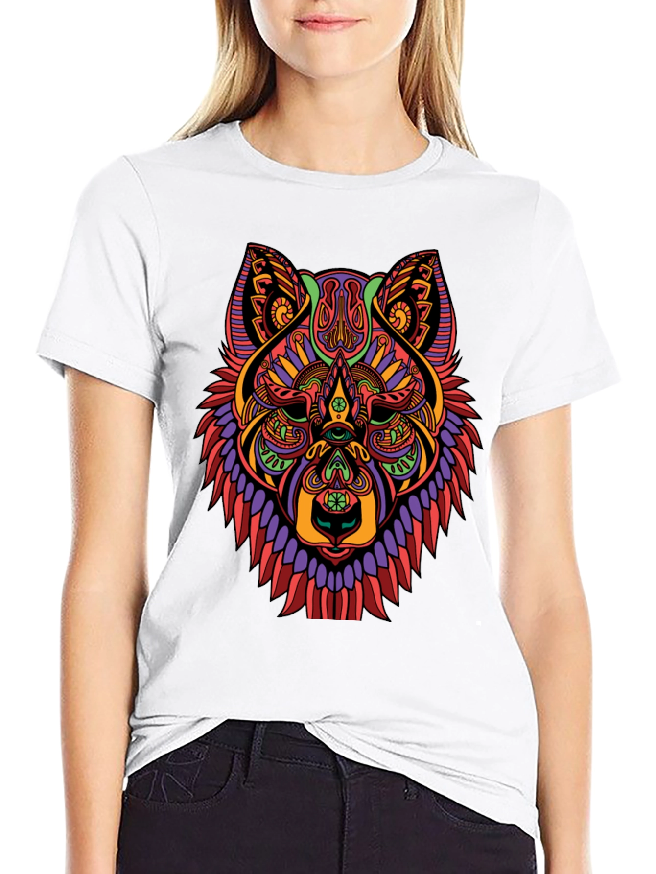 Psychedelic Wolf Graphic Print Black T-Shirt