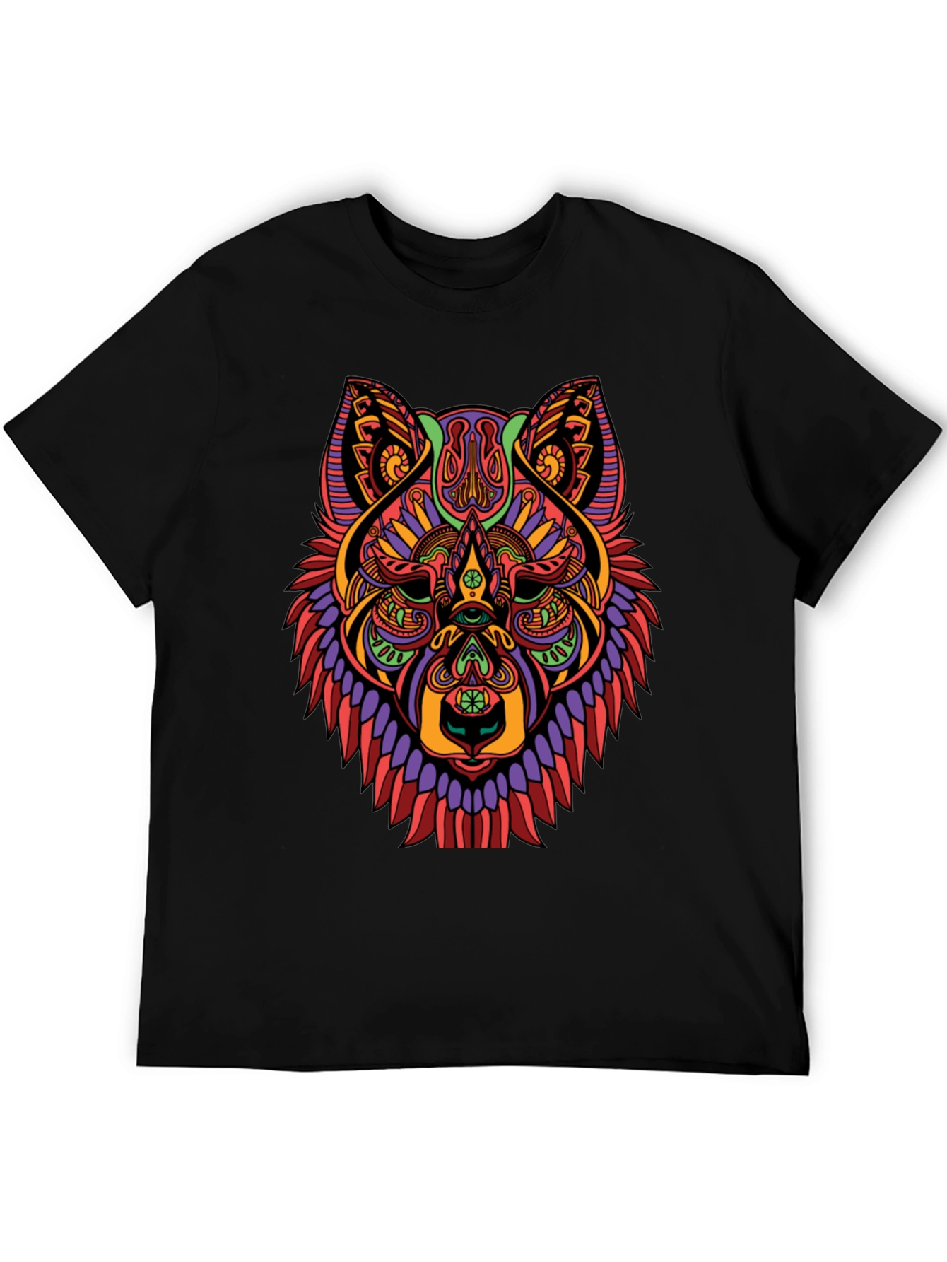 Psychedelic Wolf Graphic Print Black T-Shirt