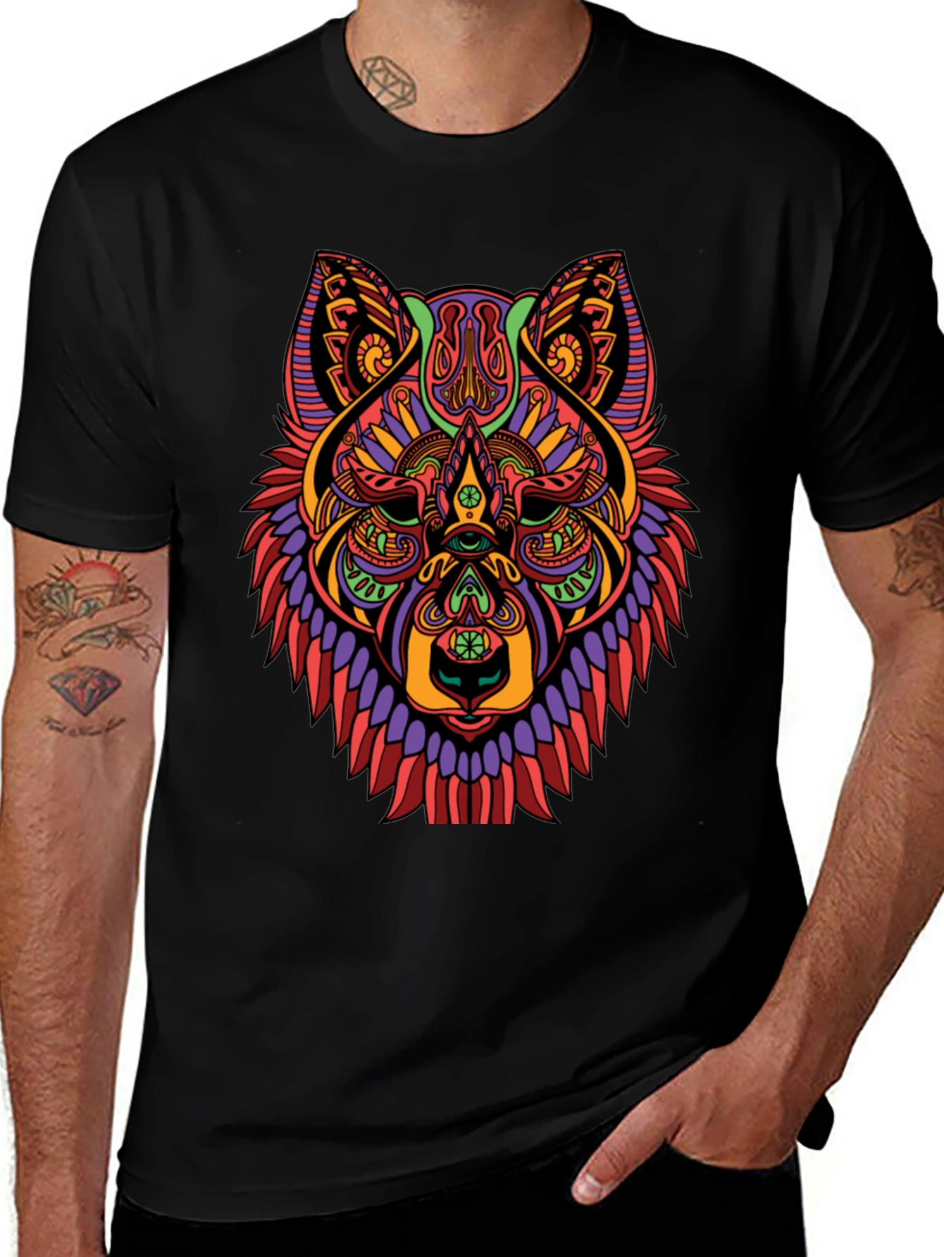 Psychedelic Wolf Graphic Print Black T-Shirt