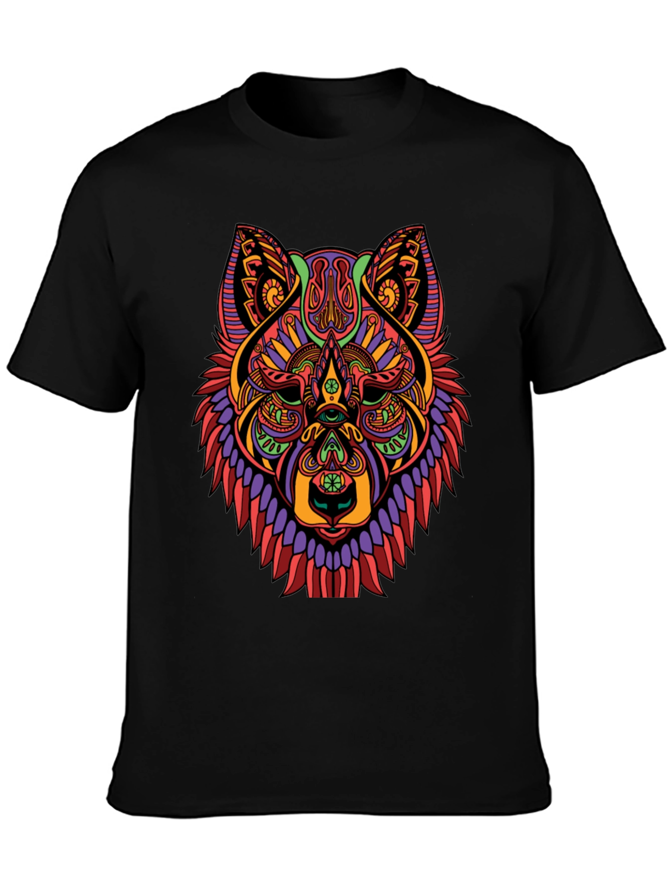 Psychedelic Wolf Graphic Print Black T-Shirt