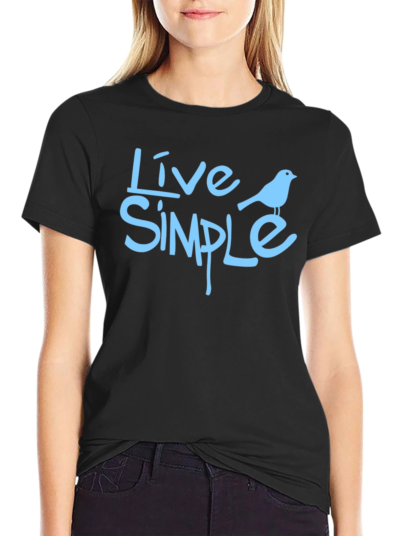 Live Simple Bird Graphic Black T-Shirt