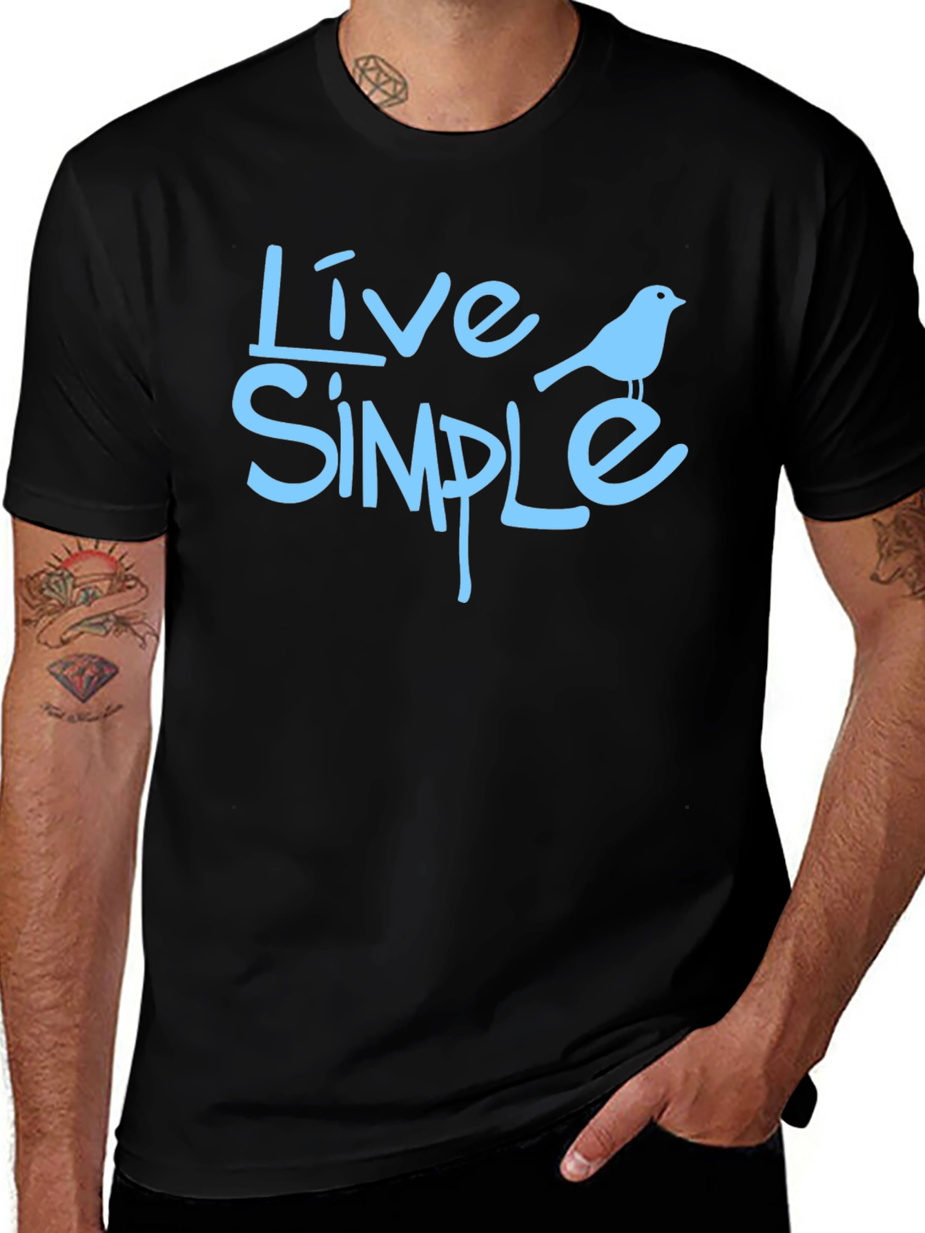 Live Simple Bird Graphic Black T-Shirt