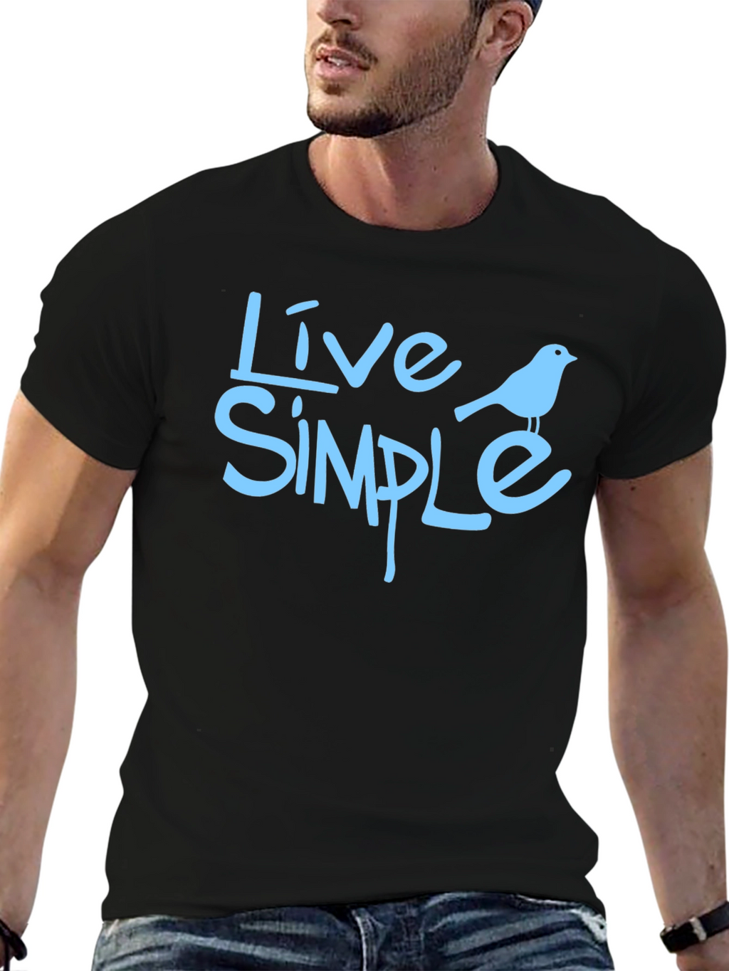 Live Simple Bird Graphic Black T-Shirt
