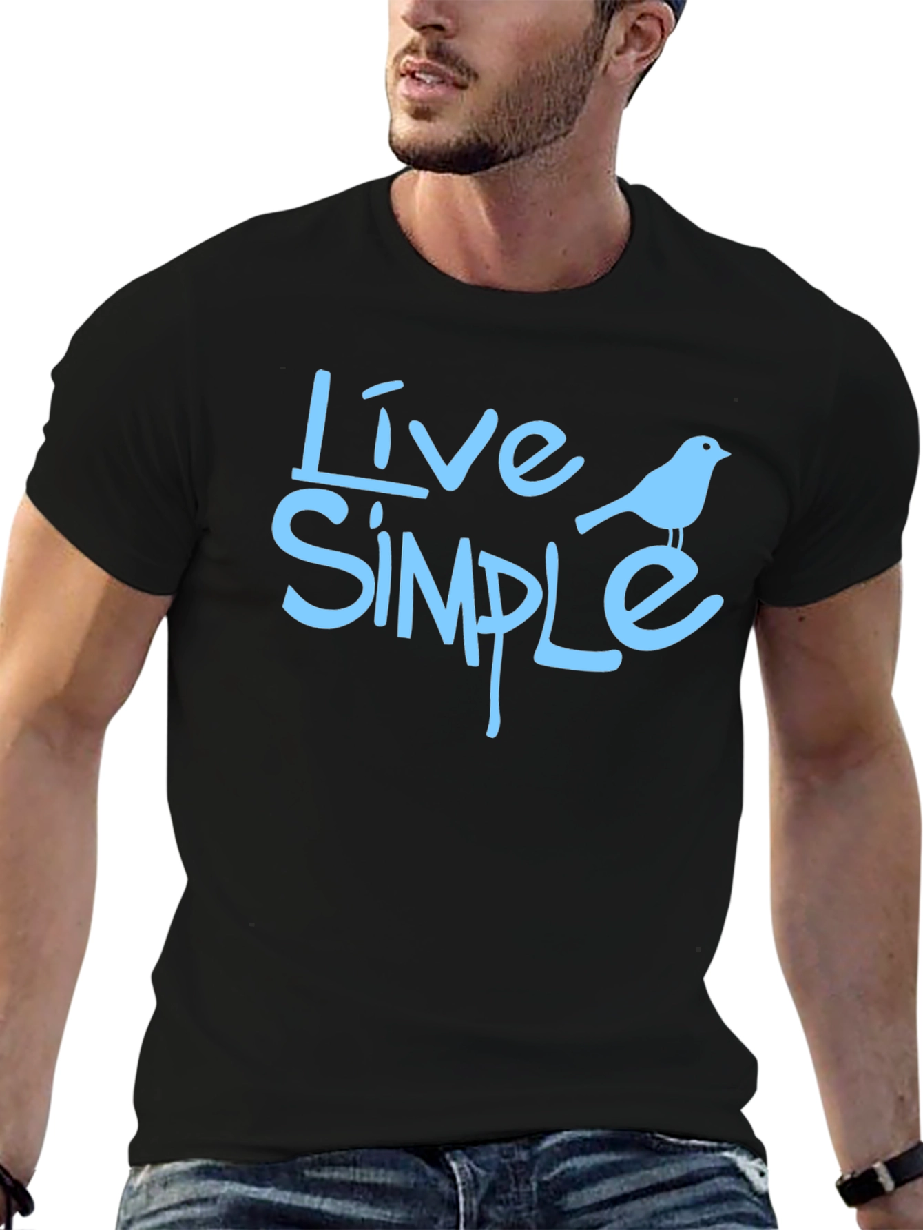 Live Simple Bird Graphic Black T-Shirt