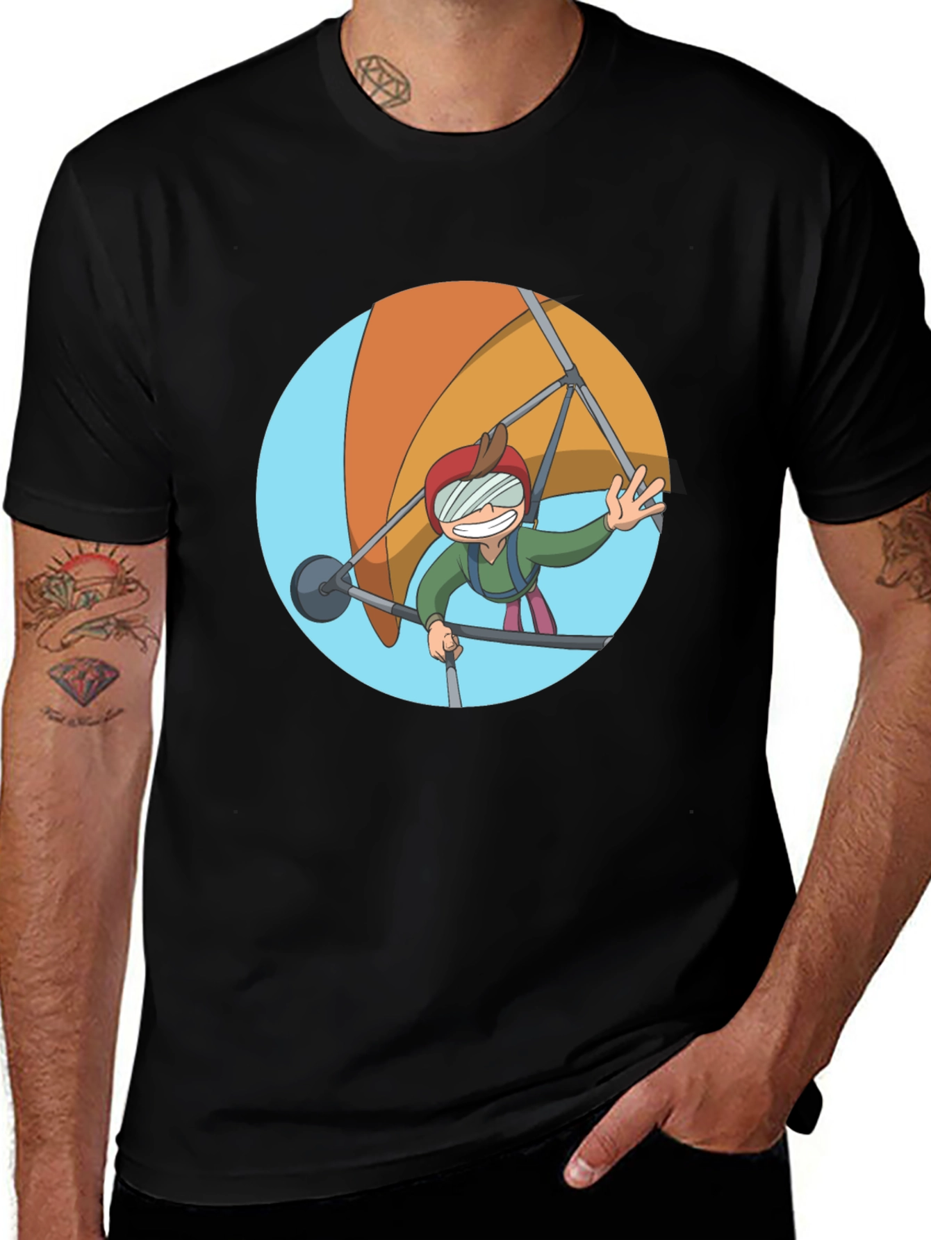 Hang Gliding Cartoon T-Shirt - Black Cotton Tee