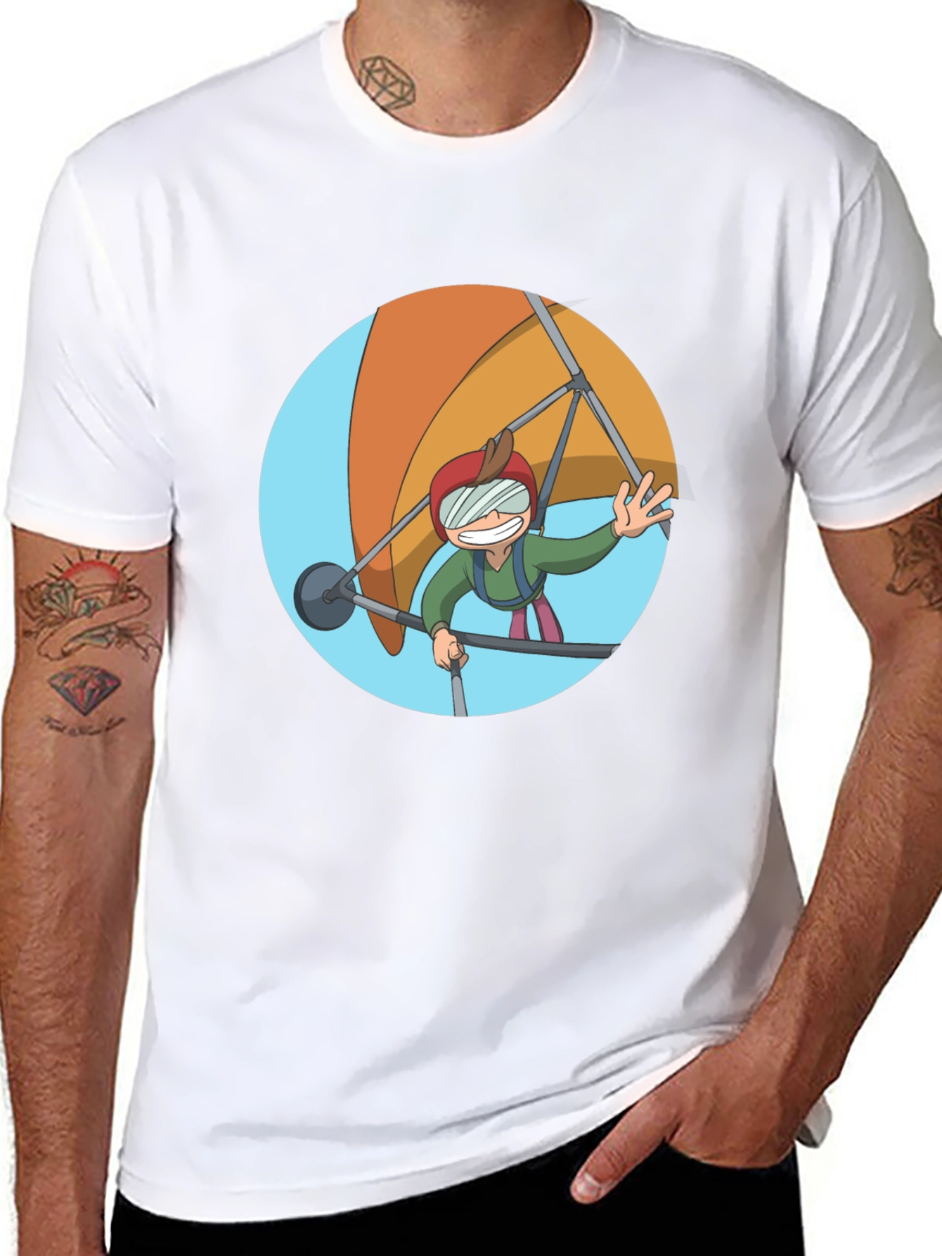 Hang Gliding Cartoon T-Shirt - Black Cotton Tee