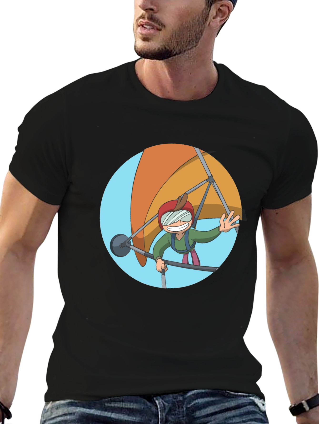 Hang Gliding Cartoon T-Shirt - Black Cotton Tee