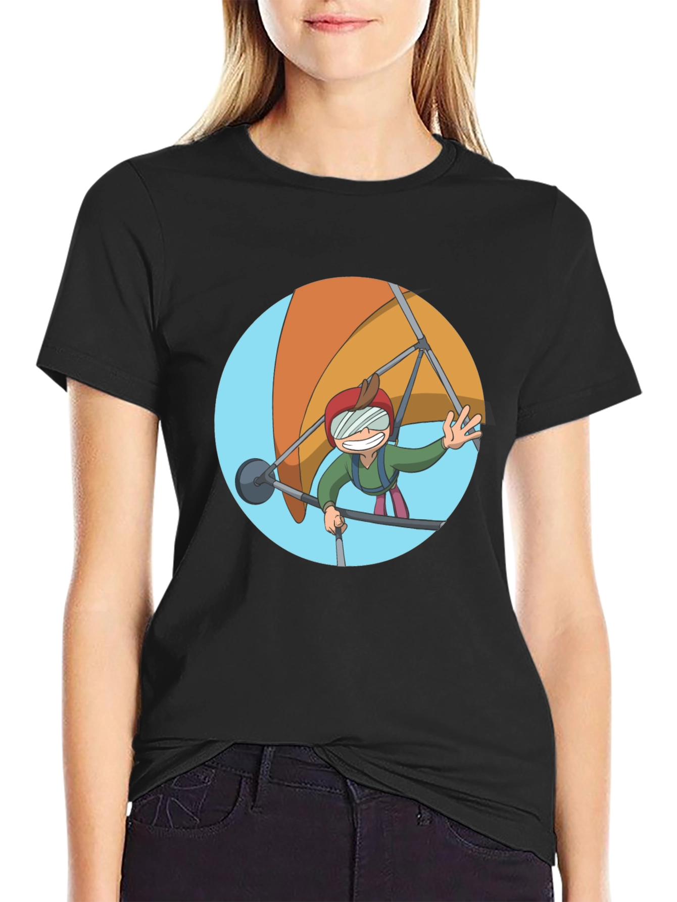 Hang Gliding Cartoon T-Shirt - Black Cotton Tee