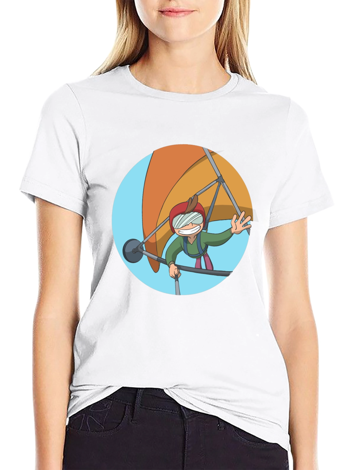 Hang Gliding Cartoon T-Shirt - Black Cotton Tee