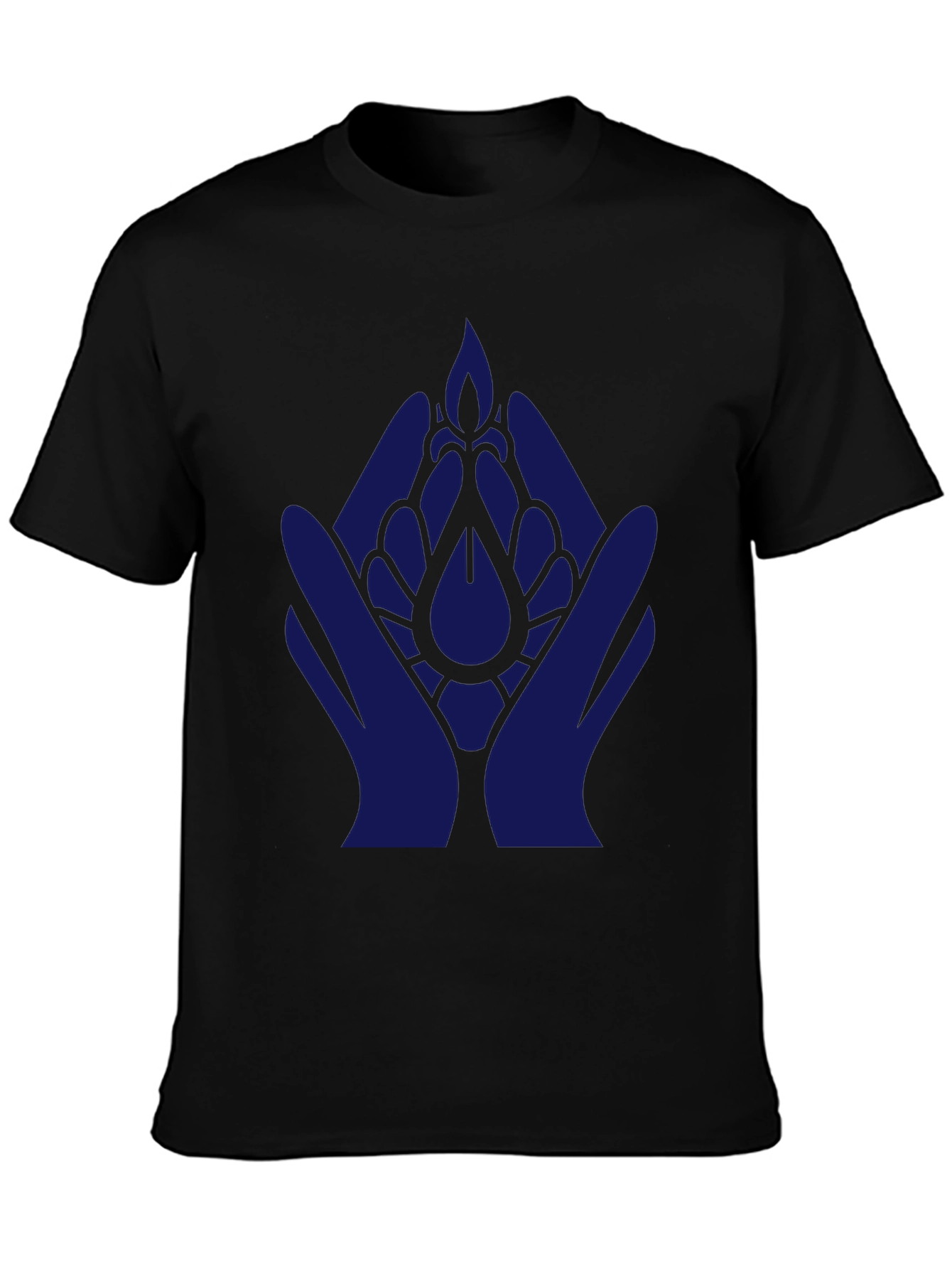 Black T-Shirt with Blue Hand & Flower Design