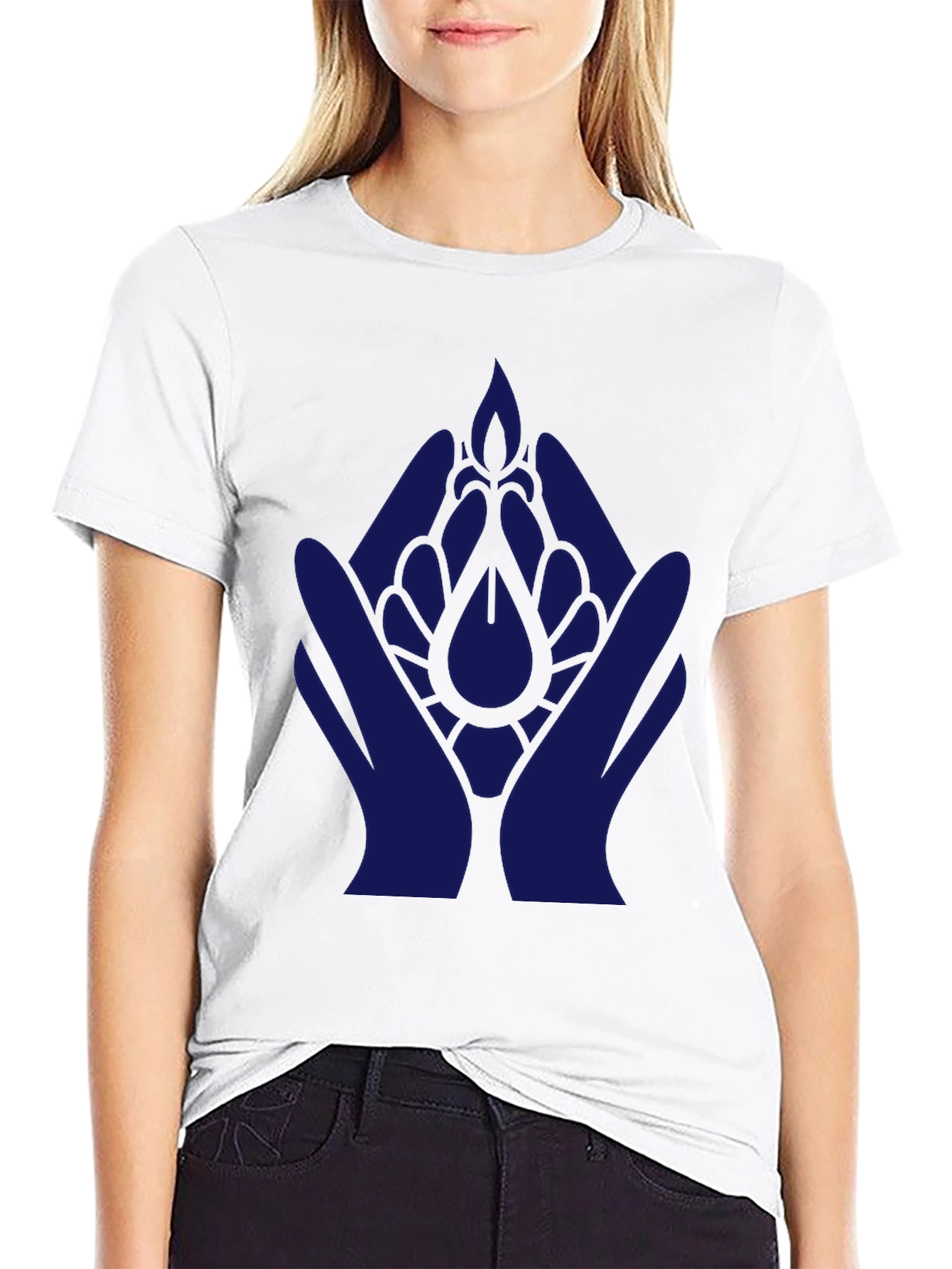 Black T-Shirt with Blue Hand & Flower Design