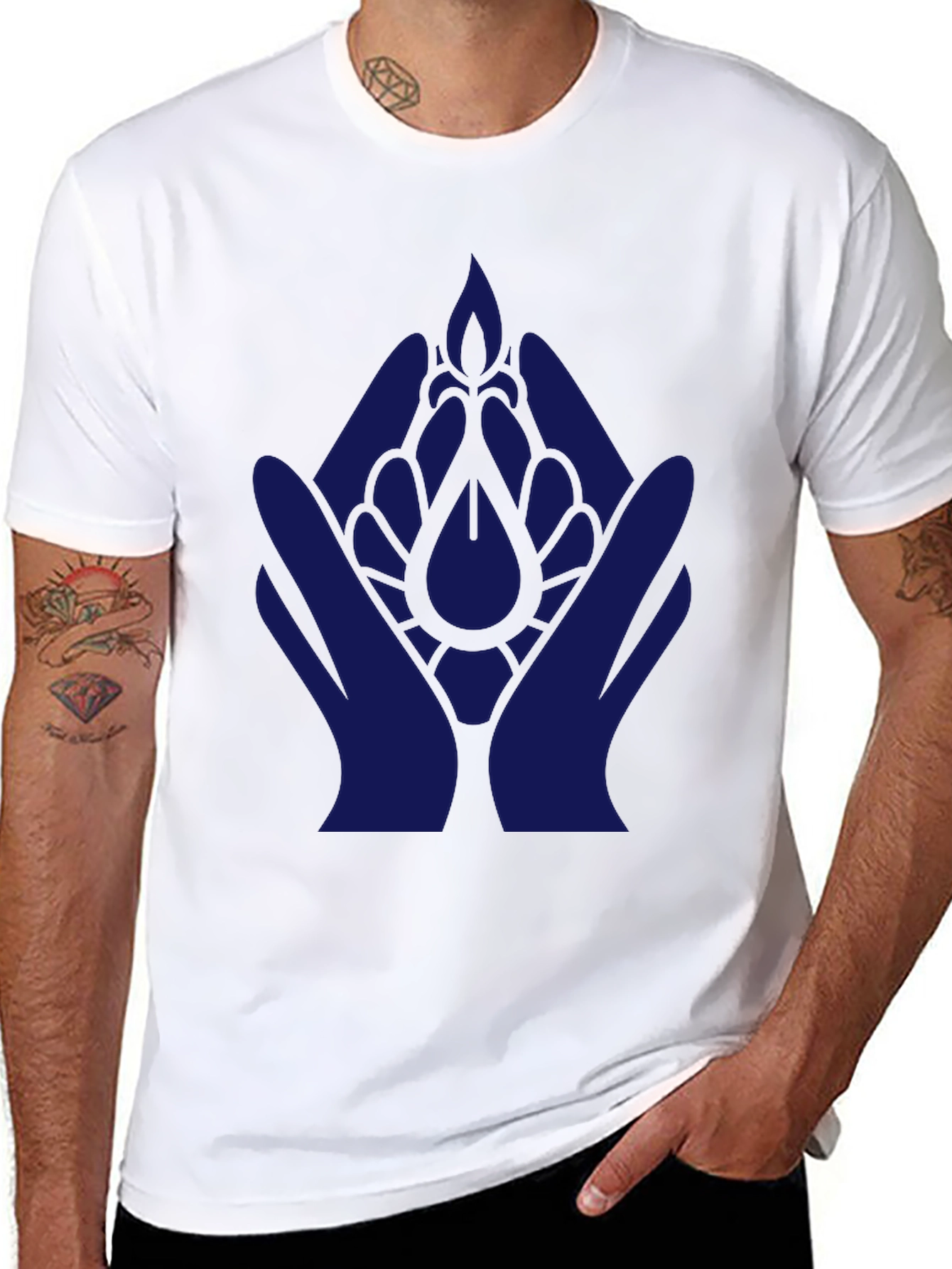 Black T-Shirt with Blue Hand & Flower Design