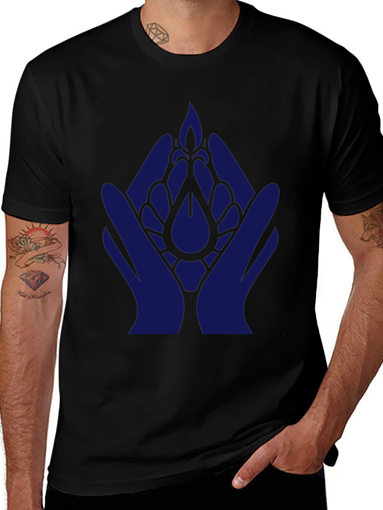Black T-Shirt with Blue Hand & Flower Design