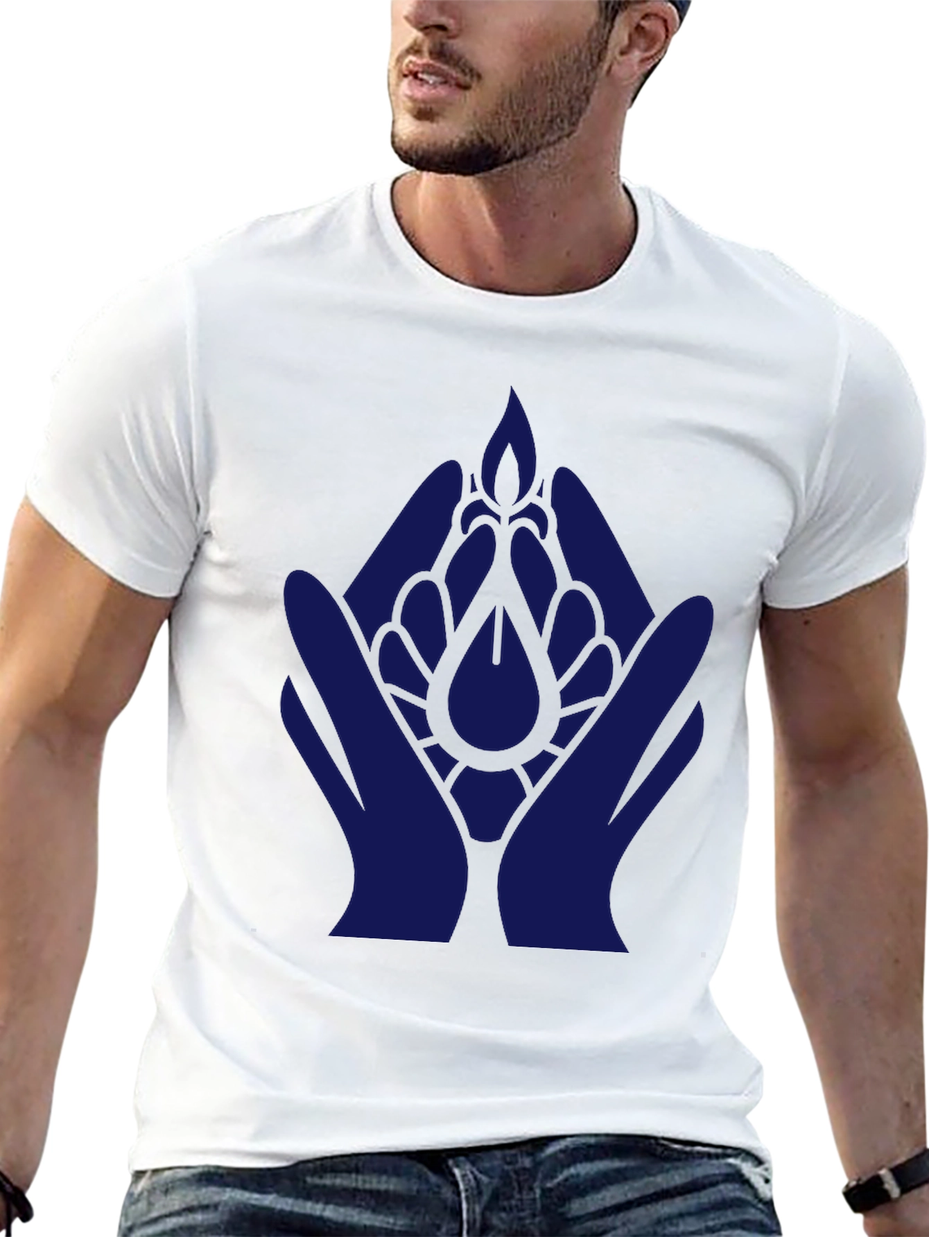 Black T-Shirt with Blue Hand & Flower Design