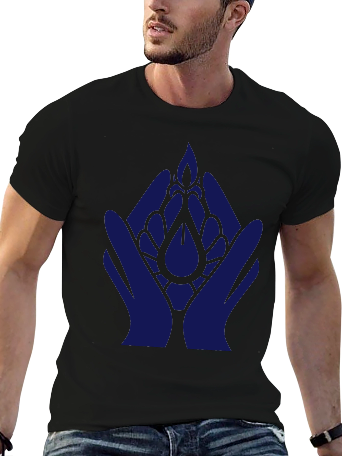 Black T-Shirt with Blue Hand & Flower Design