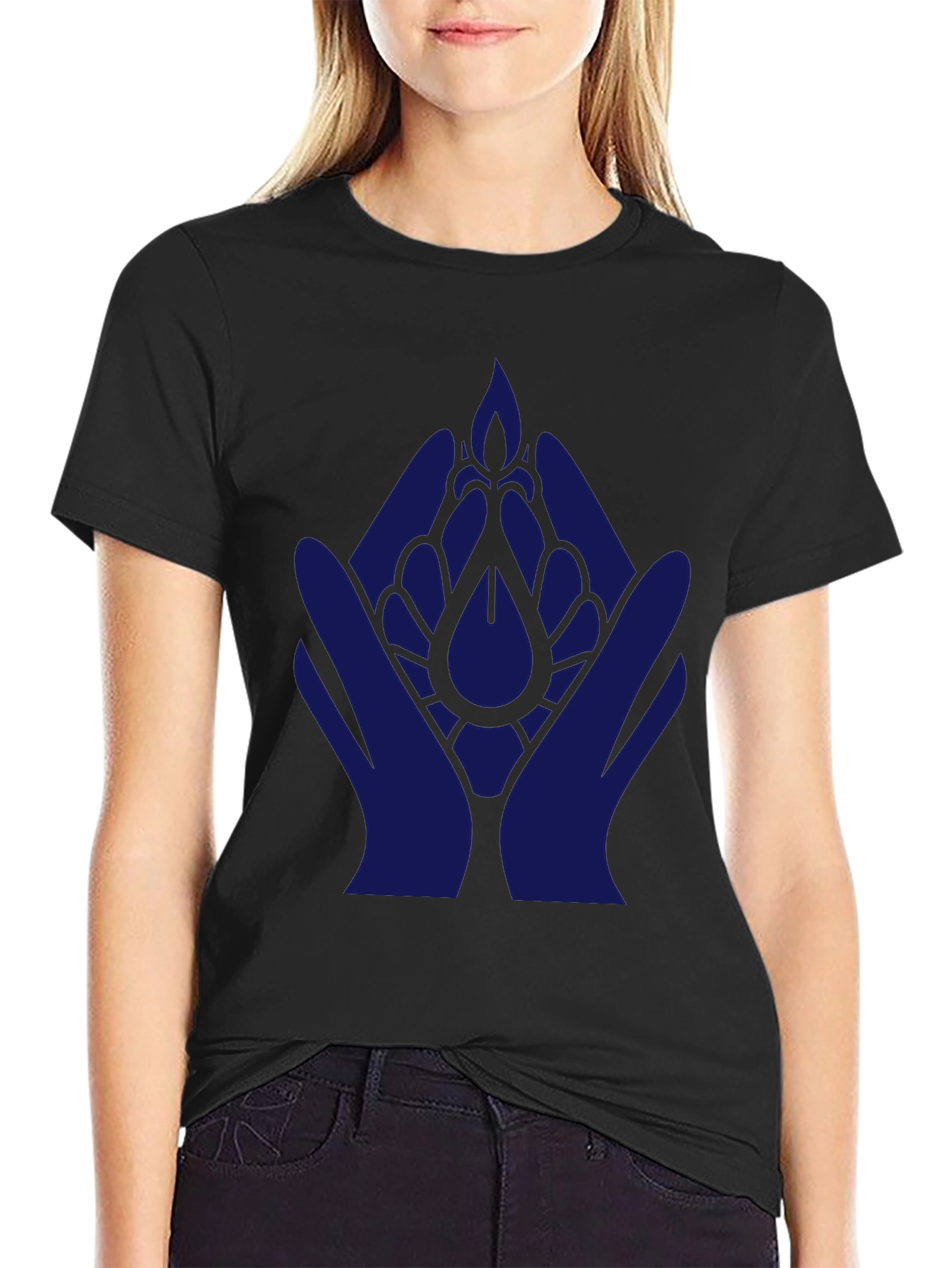 Black T-Shirt with Blue Hand & Flower Design