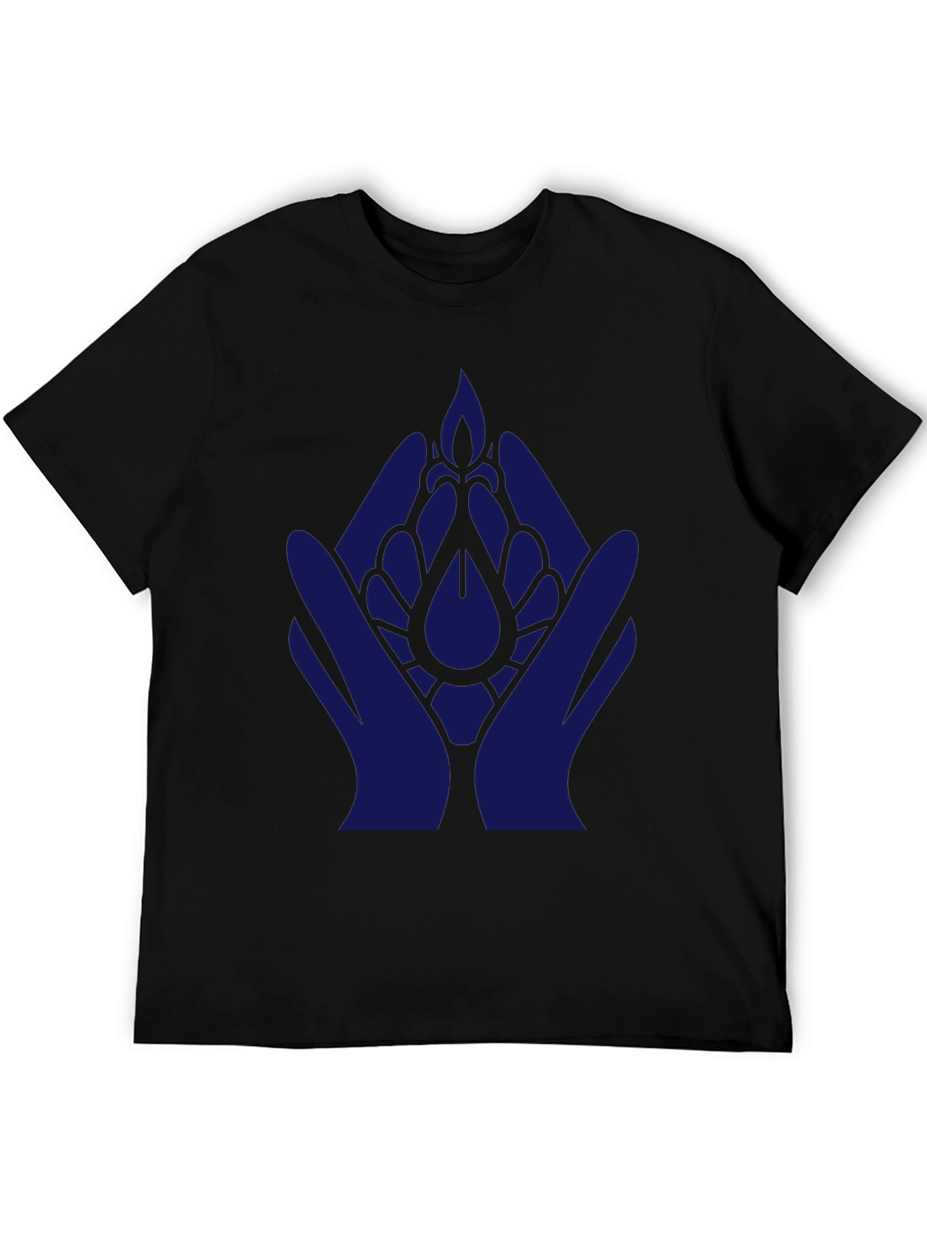 Black T-Shirt with Blue Hand & Flower Design