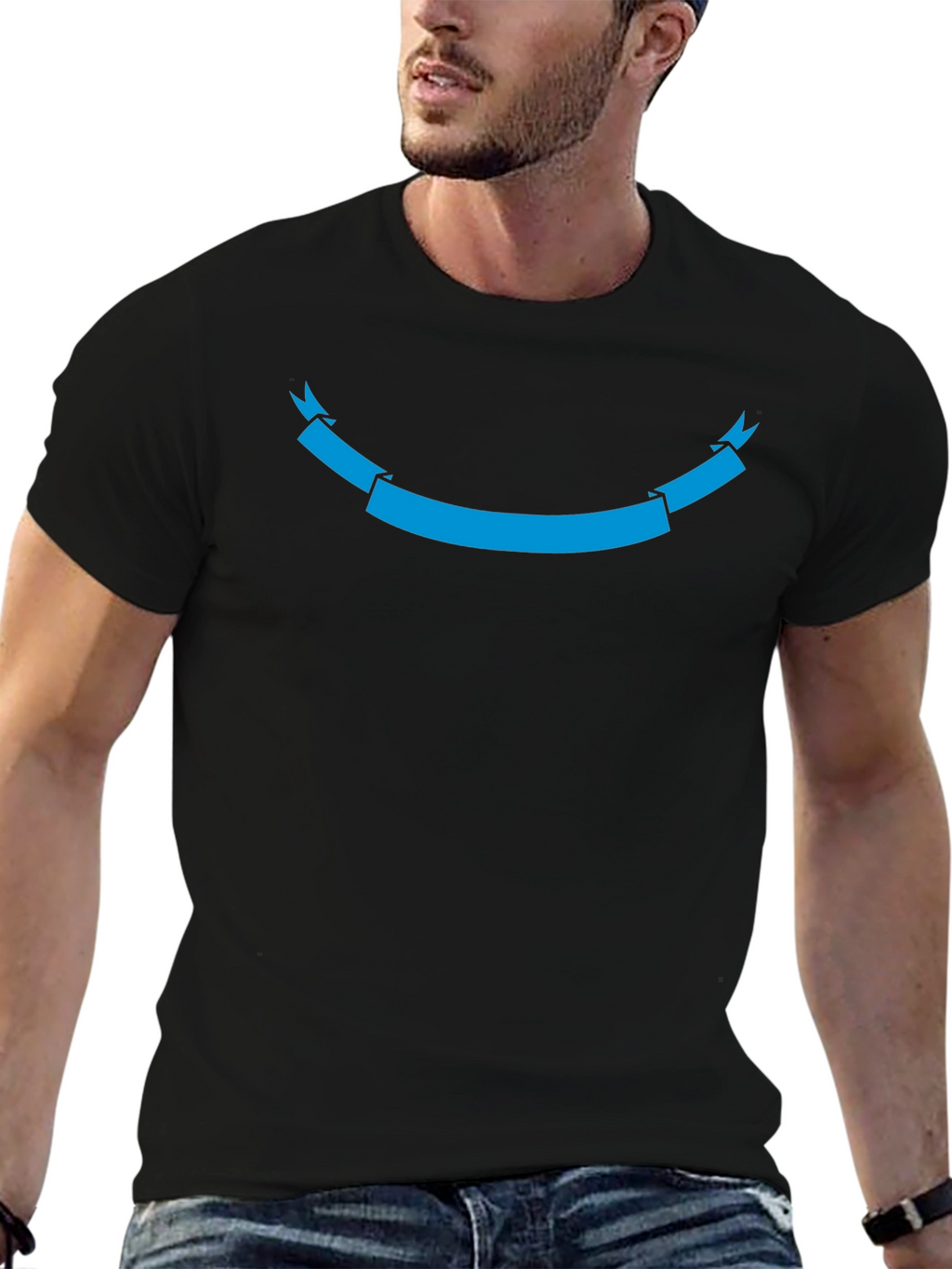 Black T-Shirt with Cyan Ribbon Graphic