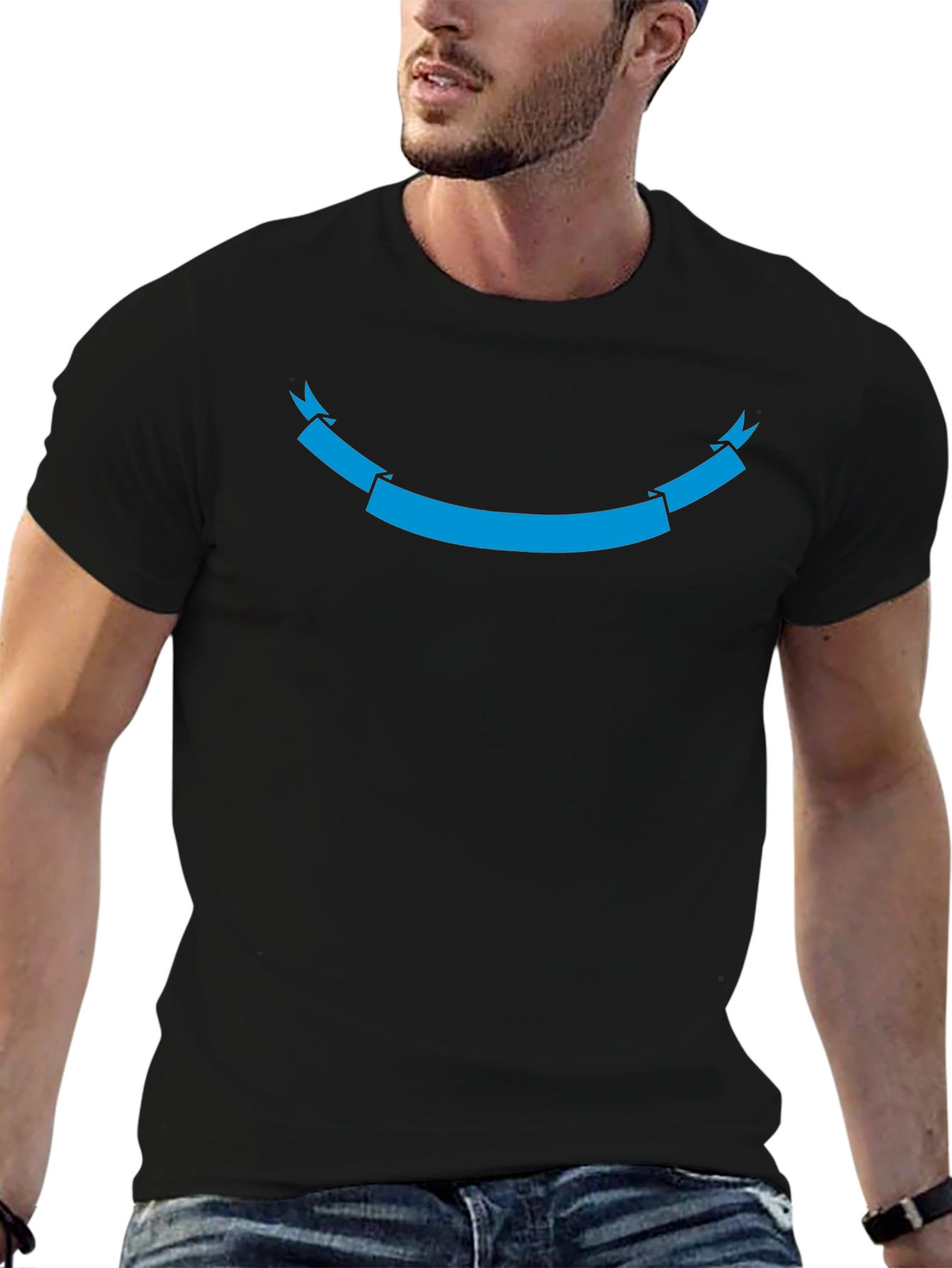 Black T-Shirt with Cyan Ribbon Graphic
