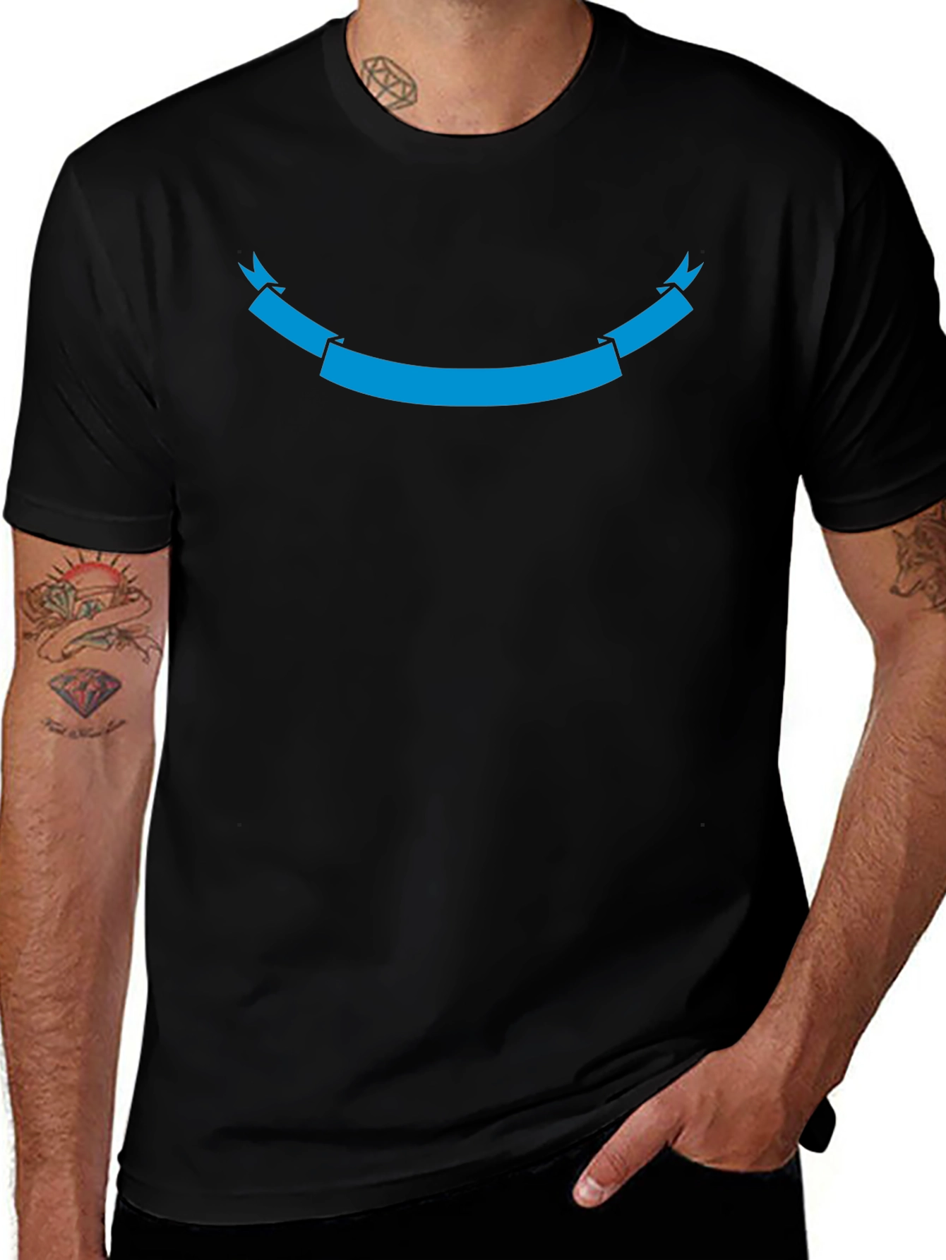Black T-Shirt with Cyan Ribbon Graphic