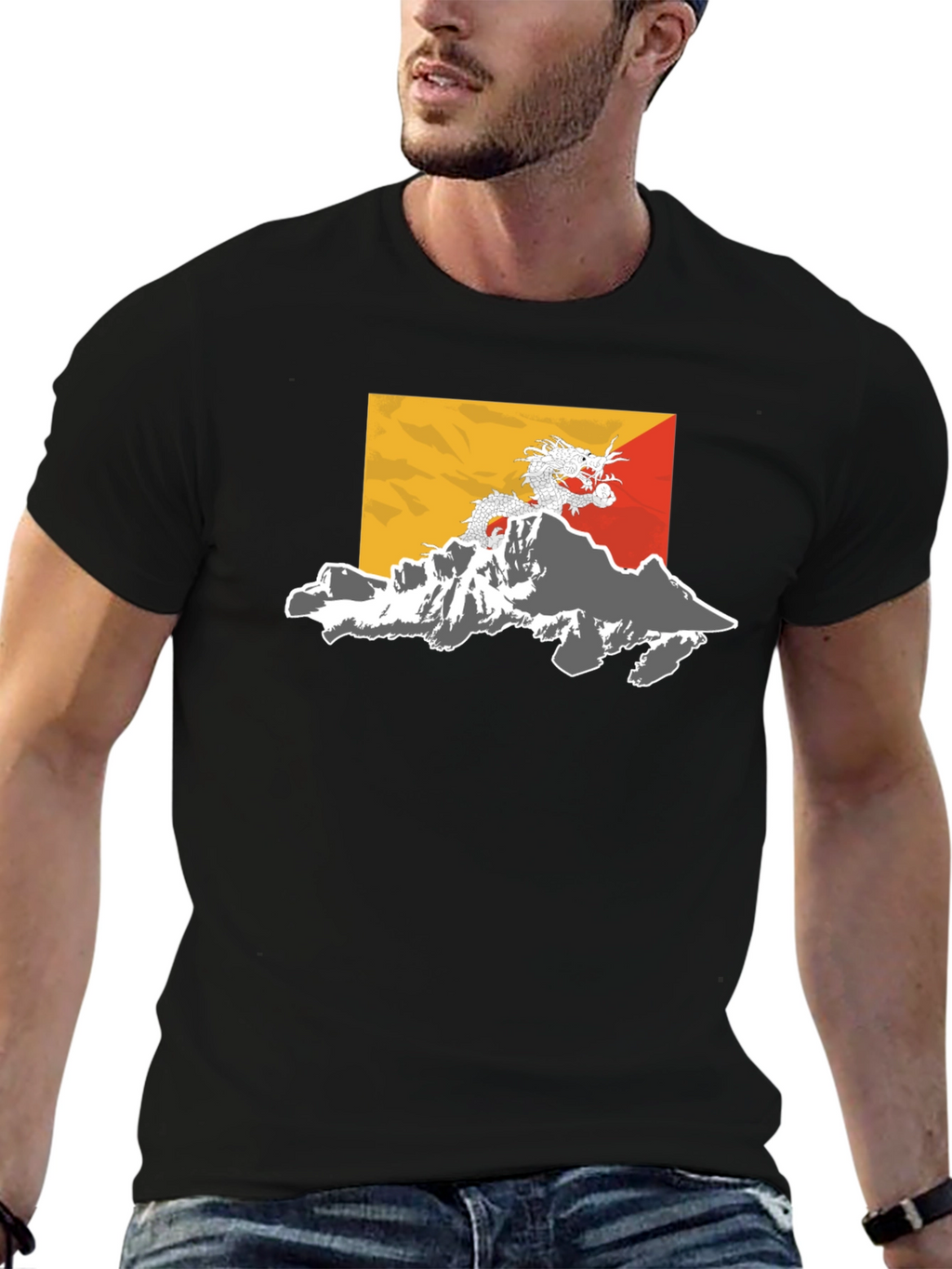 Bhutan Flag Dragon Graphic Tee - Black