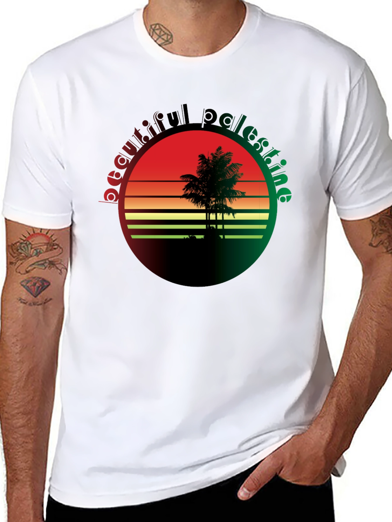 Beautiful Palestine T-Shirt - Retro Sunset Palm Tree Design