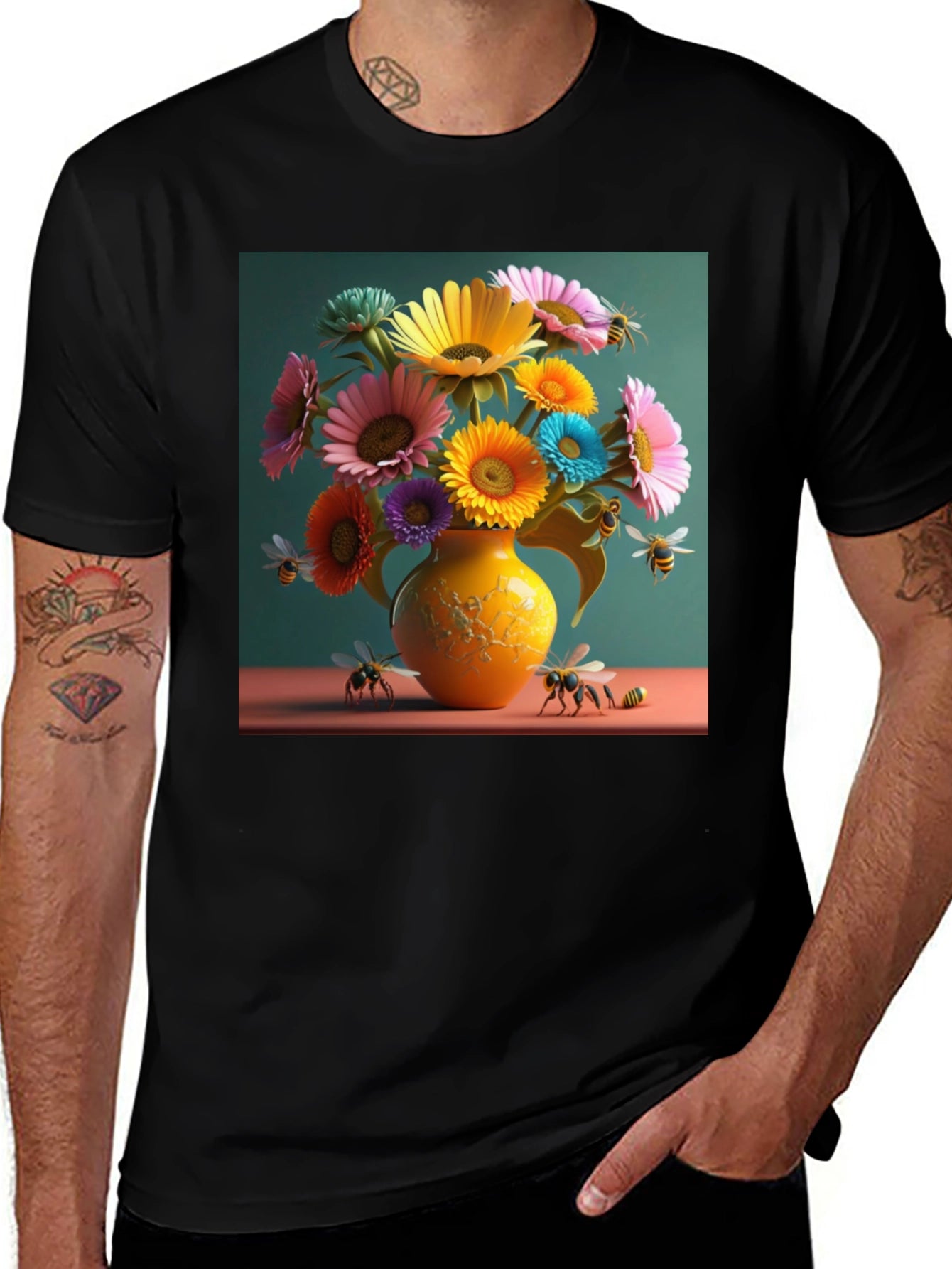 Floral Bee Graphic Tee - Stylish Crew Neck T-Shirt