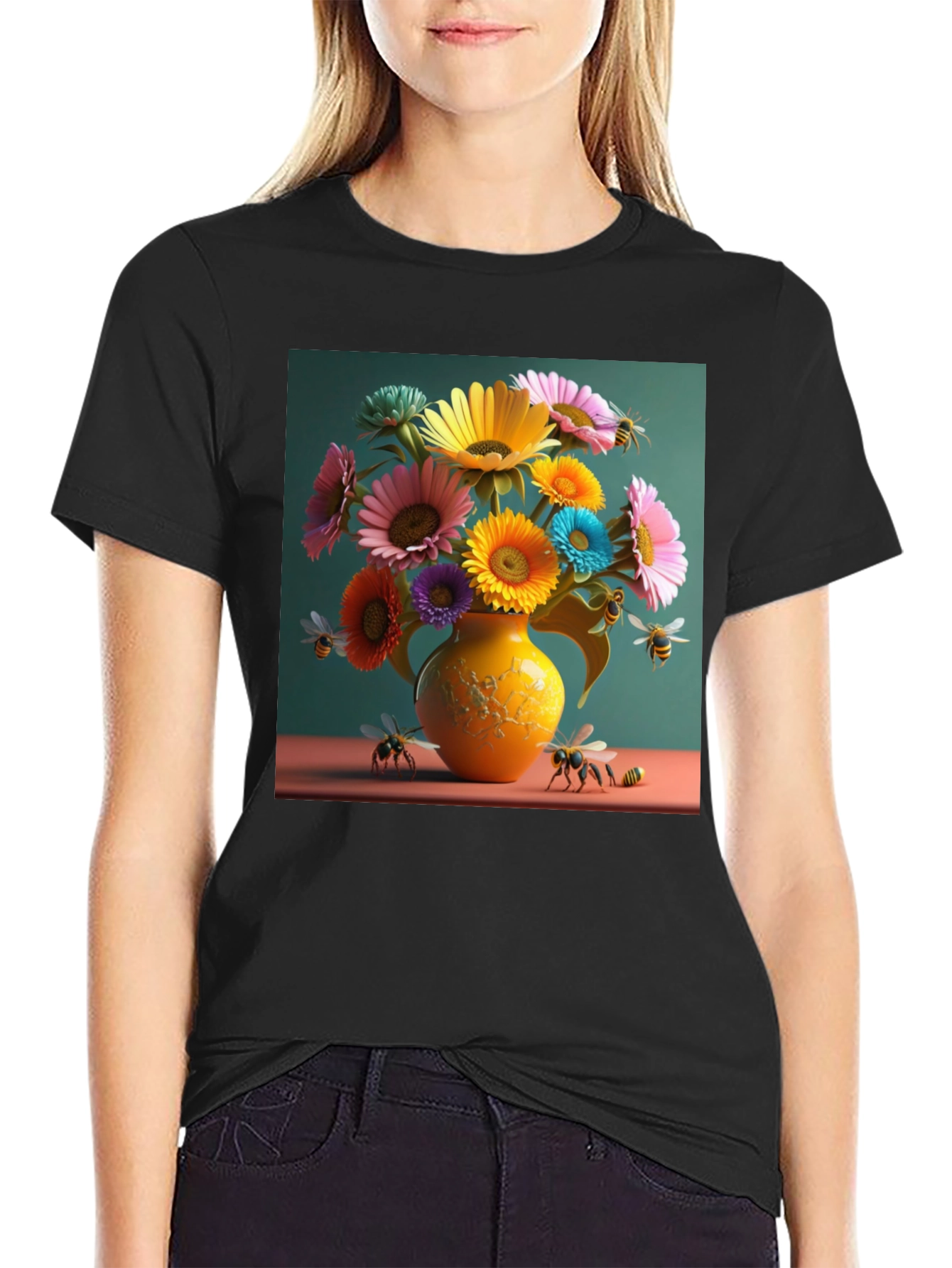 Floral Bee Graphic Tee - Stylish Crew Neck T-Shirt