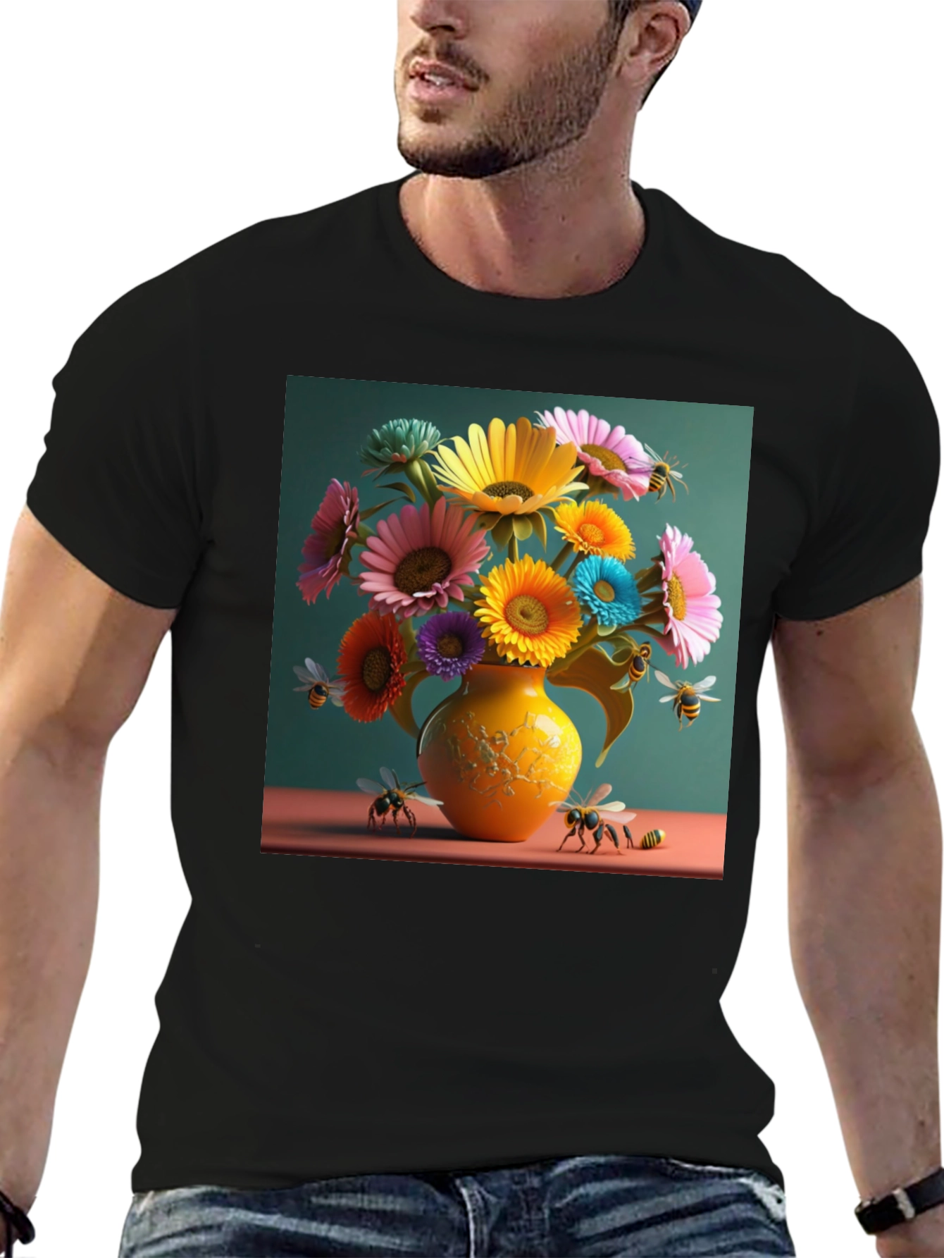 Floral Bee Graphic Tee - Stylish Crew Neck T-Shirt