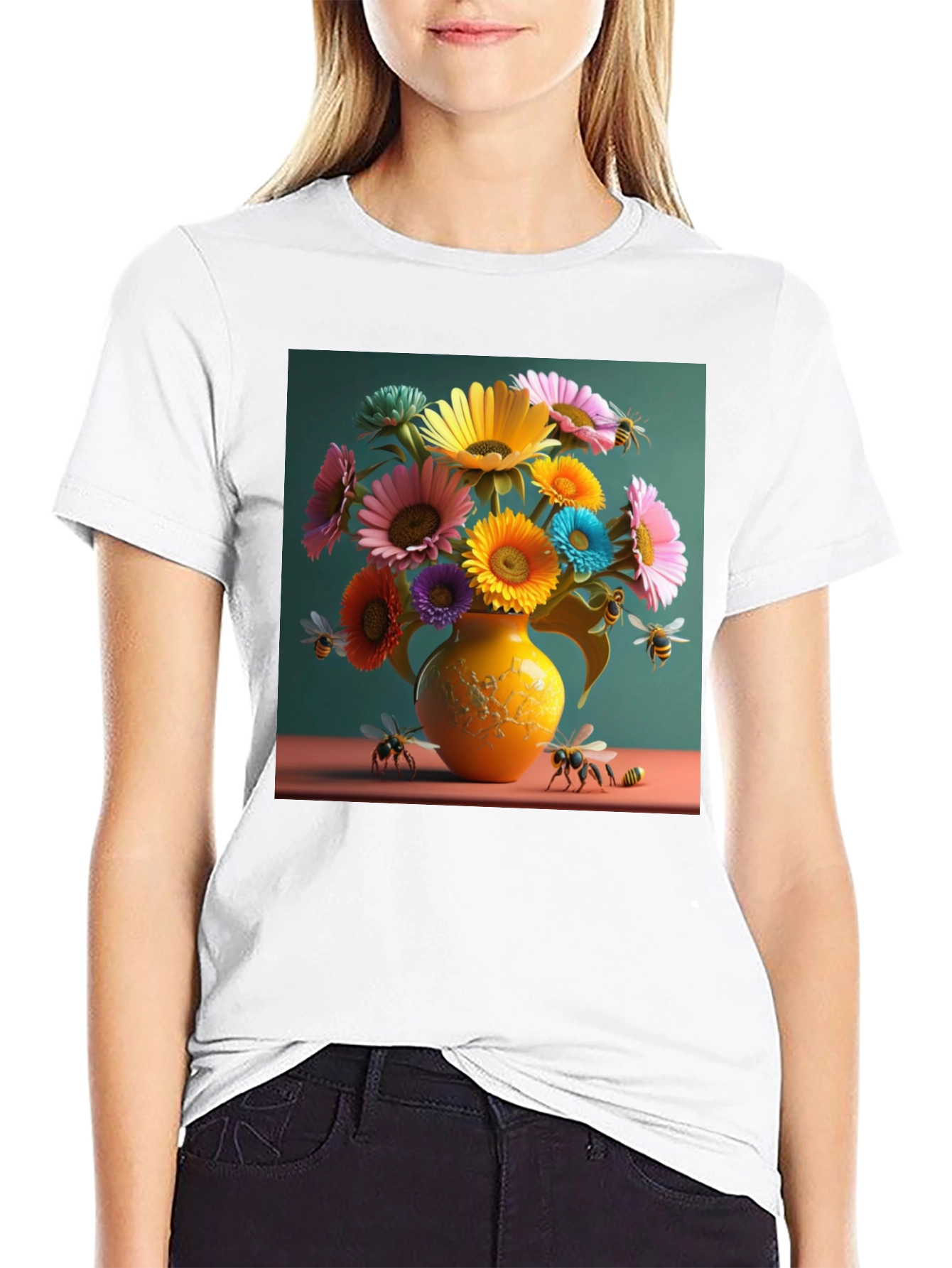 Floral Bee Graphic Tee - Stylish Crew Neck T-Shirt