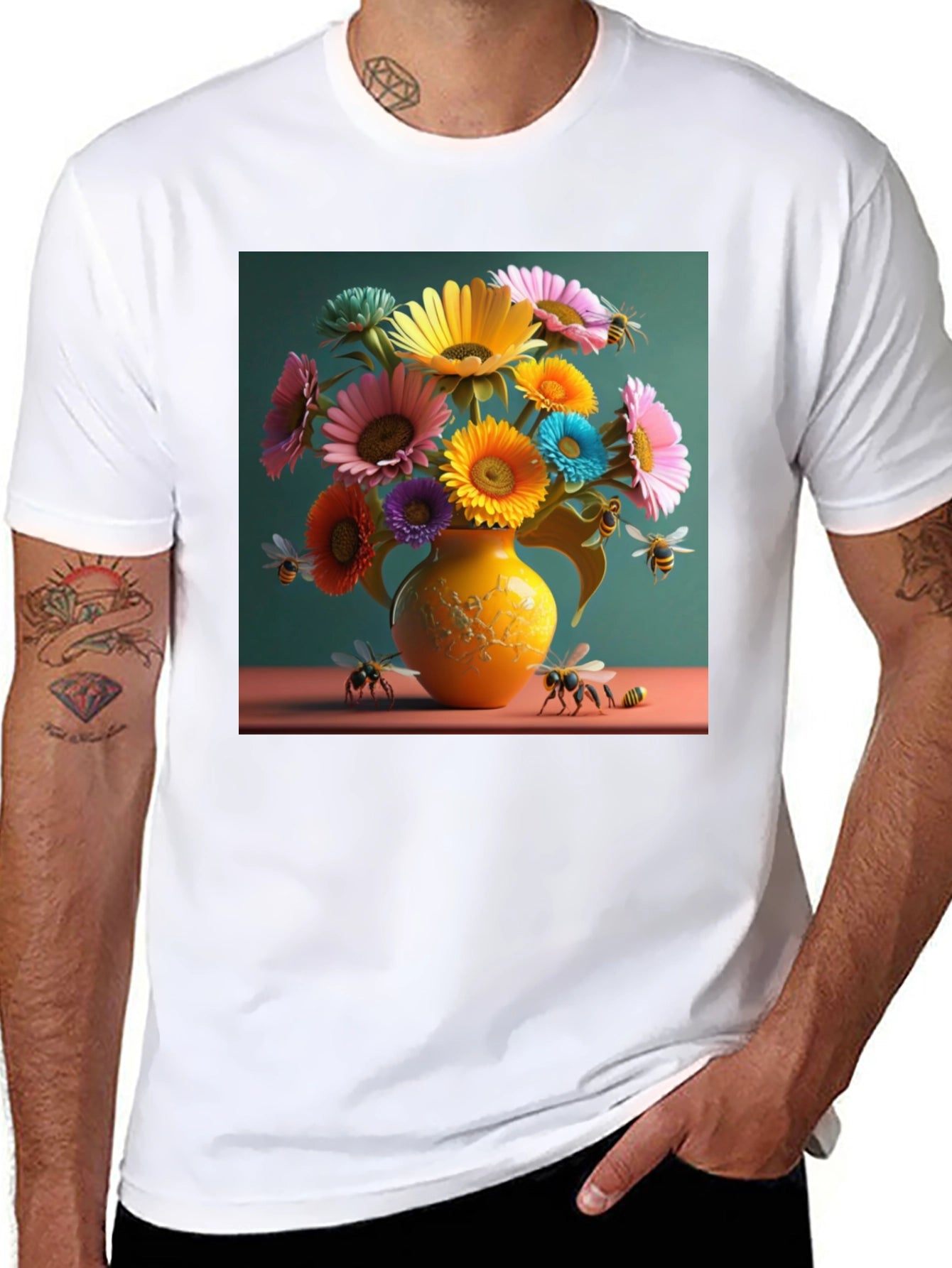 Floral Bee Graphic Tee - Stylish Crew Neck T-Shirt