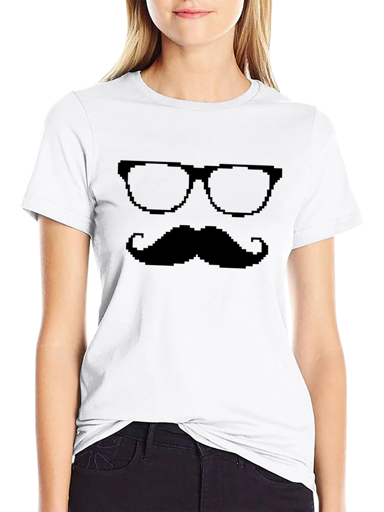 Pixel Glasses & Mustache Graphic Tee - Black