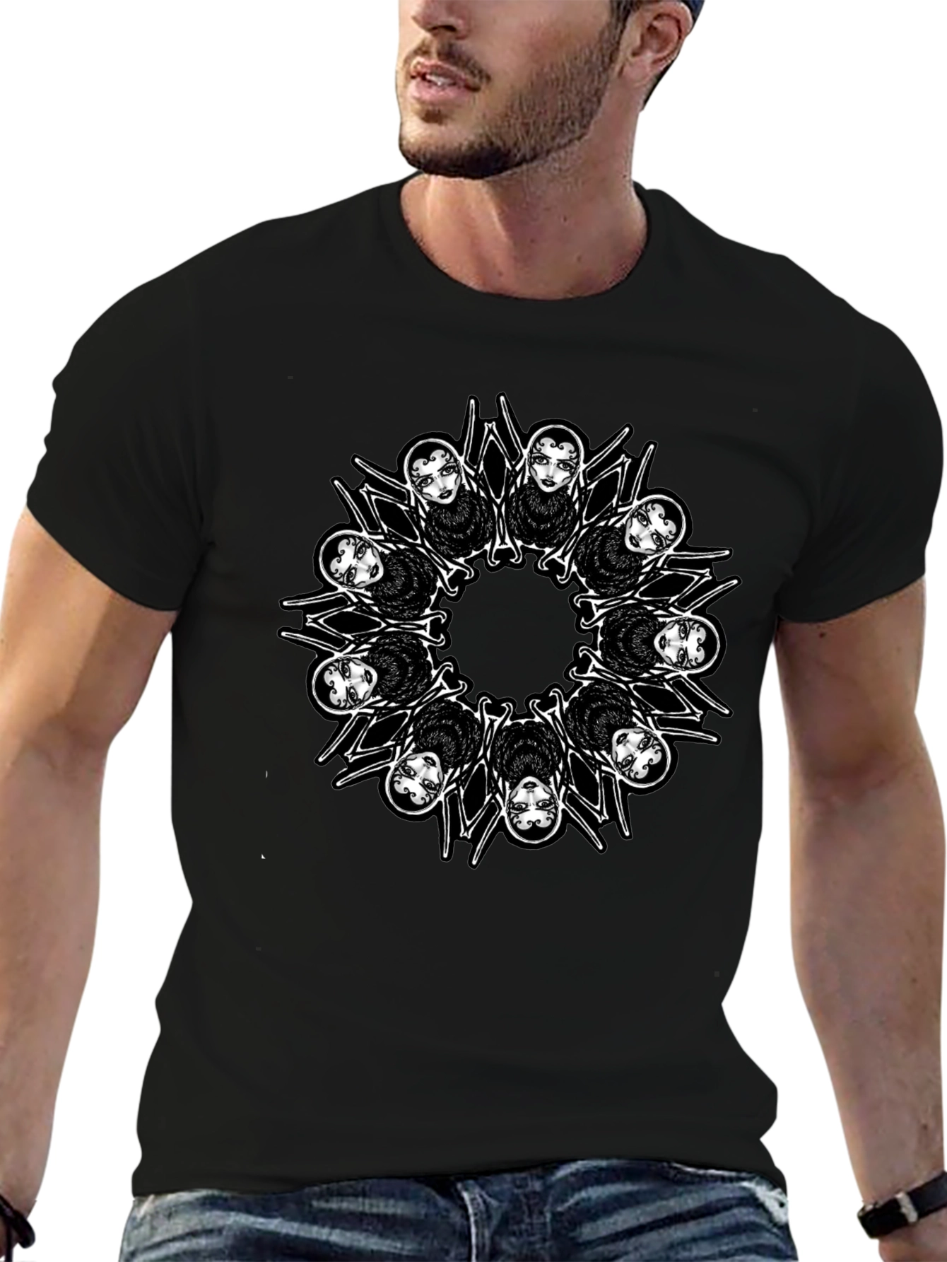 Creepy Spider Girl Mandala Graphic Tee - Mens Black T-Shirt