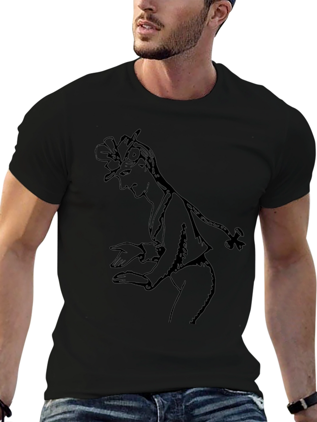 Elegant Black T-Shirt with Sketch Graphic